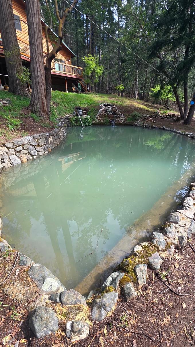 Large stone-edged pond cut into a forested slope below a cedar-sided home, with a dry-stacked stone bank and a small rock inlet structure at the far end
